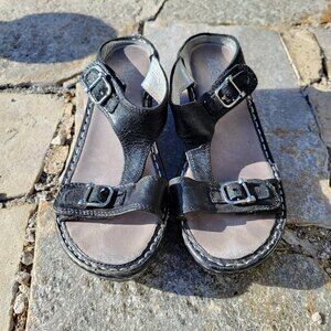 Alegria Black Leather Buckle Lara Pewter Slip On Wedge Heel Sandals Size 37